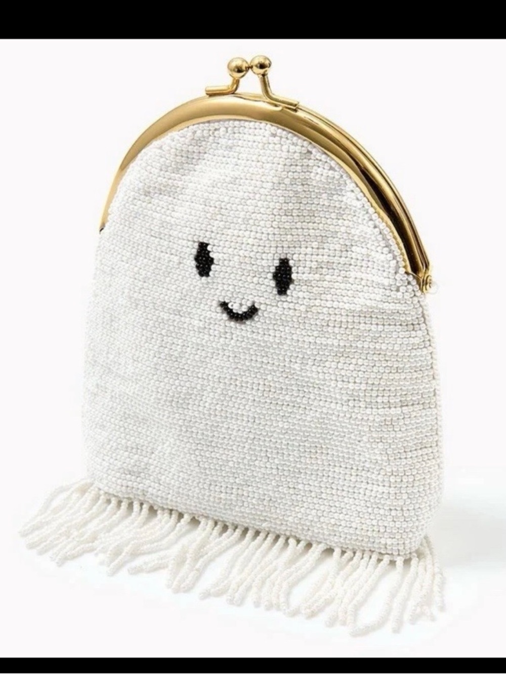 White Beaded Fringe Kiss-Lock Coin Purse with Smiley Face
